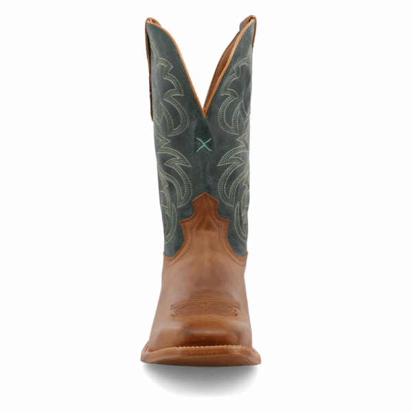 A forward-facing look at Twisted X Men's 12" Light Tan and Teal Rancher Western Boot.