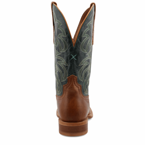 A look at the back and heel of a Twisted X Men's 12" Light Tan and Teal Rancher Western Boot.