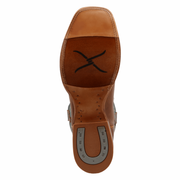 The sole of a Twisted X Men's 12" Light Tan and Teal Rancher Western Boot.