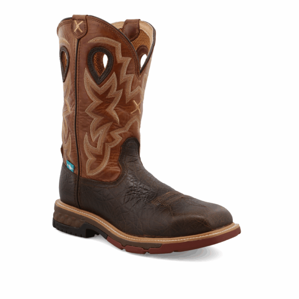 A 3/4 turned Twisted X Men's 12" Smokey Chocolate Waterproof Alloy Toe Western Work Boot.