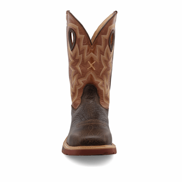A forward-facing look at Twisted X Men's 12" Smokey Chocolate Waterproof Alloy Toe Western Work Boot.