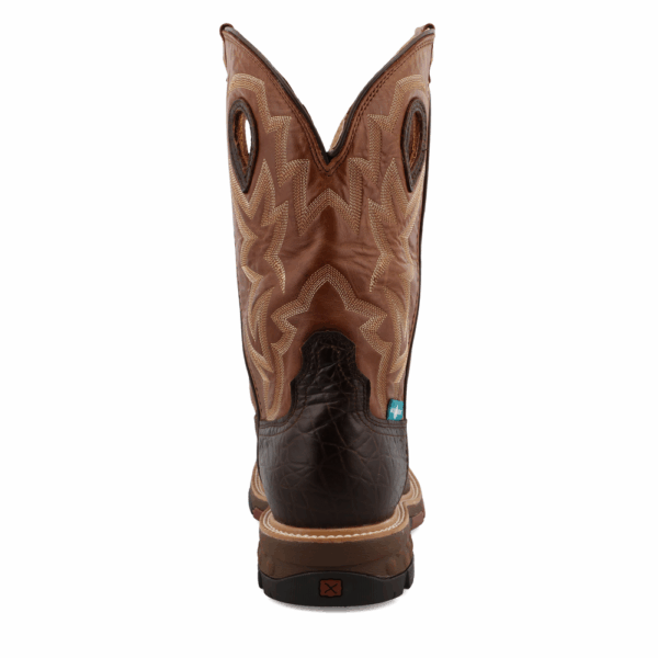 A look at the back and heel of a Twisted X Men's 12" Smokey Chocolate Waterproof Alloy Toe Western Work Boot.