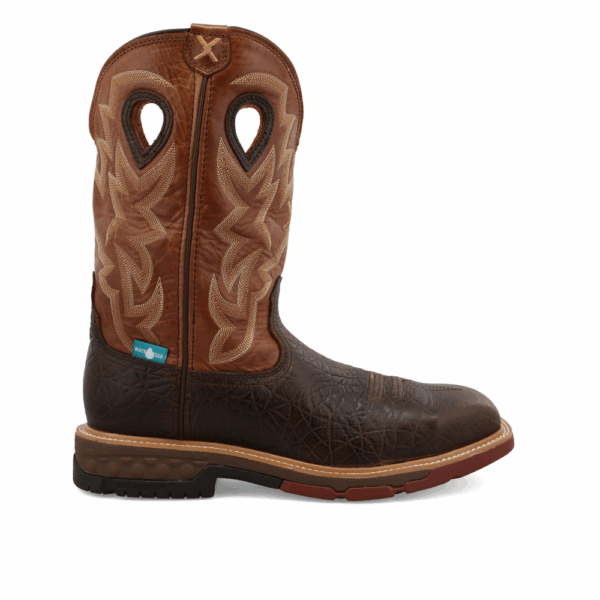 A right profile facing Twisted X Men's 12" Smokey Chocolate Waterproof Alloy Toe Western Work Boot.
