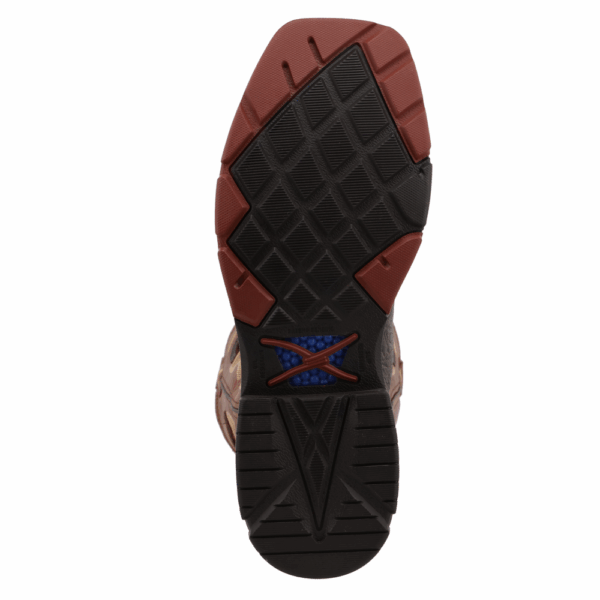 The sole of a Twisted X Men's 12" Smokey Chocolate Waterproof Alloy Toe Western Work Boot.