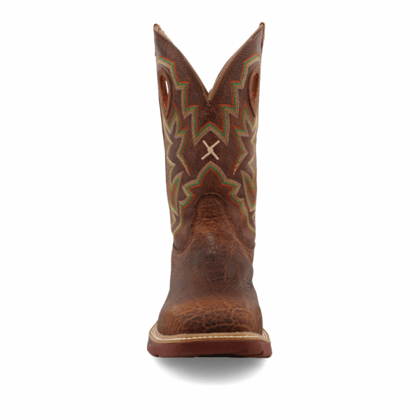A forward-facing look at Twisted X Men's 12" Tan Nano Composite Toe Western Work Boot.