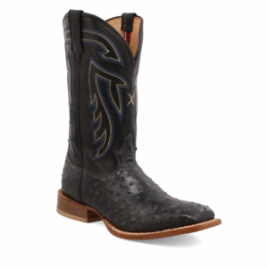 A 3/4 turned Twisted X Men's Black Ruff Stock Full Quill Ostrich Western Boot.