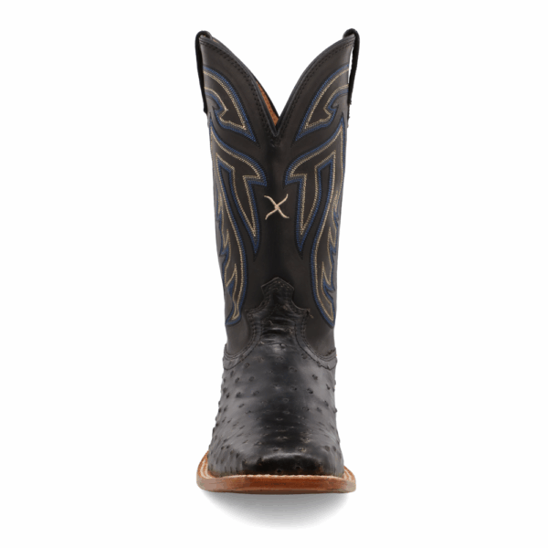 A forward-facing look at Twisted X Men's Black Ruff Stock Full Quill Ostrich Western Boot.