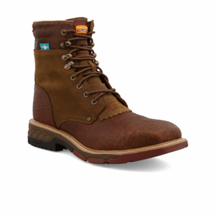 A 3/4 turned Twisted X Men's Distressed Saddle Waterproof Alloy Toe Work CellStretch Lacer.