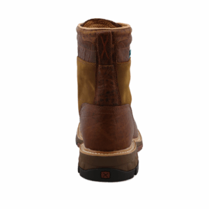 A look at the back and heel of a Twisted X Men's Distressed Saddle Waterproof Alloy Toe Work CellStretch Lacer.