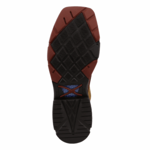 The sole of a Twisted X Men's Distressed Saddle Waterproof Alloy Toe Work CellStretch Lacer.