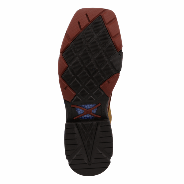 The sole of a Twisted X Men's Distressed Saddle Waterproof Alloy Toe Work CellStretch Lacer.