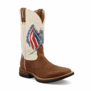 A 3/4 turned Twisted X Red, White, and Blue Waterproof Tech X Western Boot.