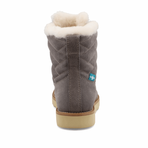 A look at the back and heel of a Twisted X Women's 6" Brushed Nickel Waterproof Wedge Sole Boot.