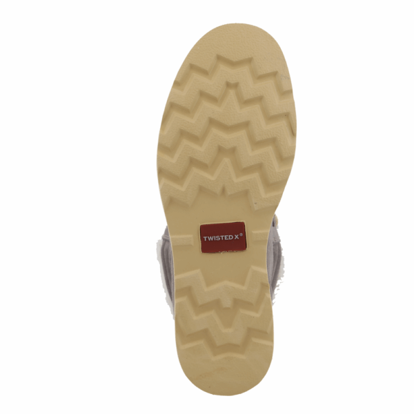 The sole of a Twisted X Women's 6" Brushed Nickel Waterproof Wedge Sole Boot.