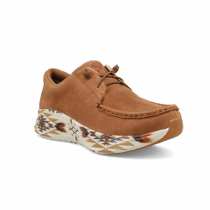 A 3/4 turned Twisted X Women's Hooey Caramel and Multi Feather X Casual Shoe.