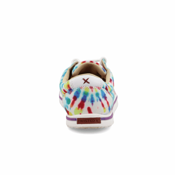 A look at the back and heel of a Twisted X Women's Multi Tie-Dye Kicks Casual Shoe.