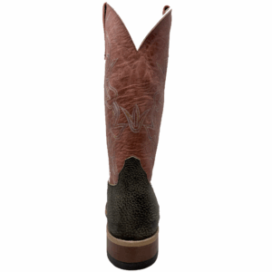 A shot of the heel of an Anderson Bean Antique Saddle Safari Giraffe Men's Western Boot.