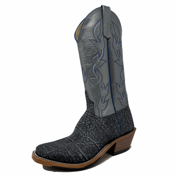 A 3/4 left turned Anderson Bean Blue Safari Elephant Men's Western Boot.