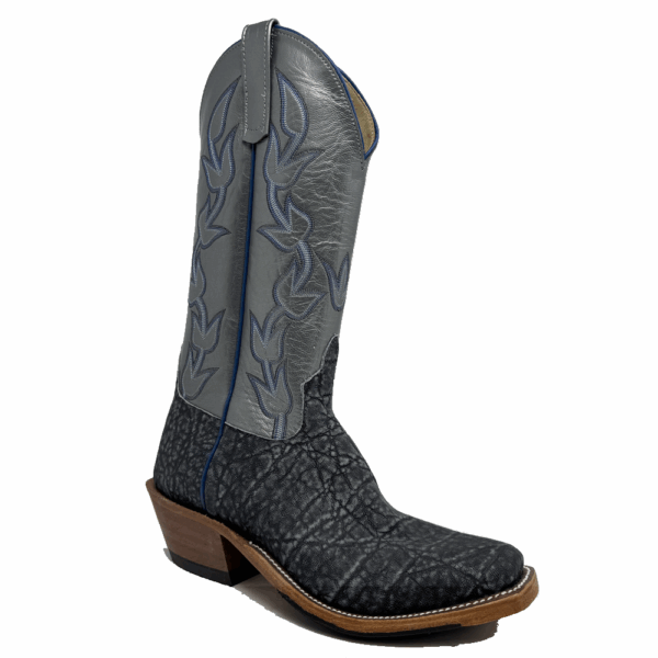 A 3/4 right turned Anderson Bean Blue Safari Elephant Men's Western Boot.