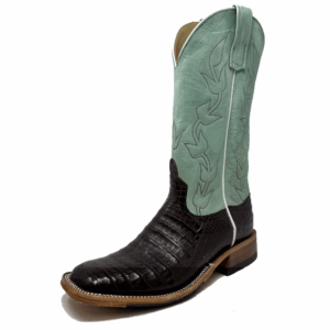 A 3/4 left turned Anderson Bean Brown Caiman Belly Men's Western Boot.