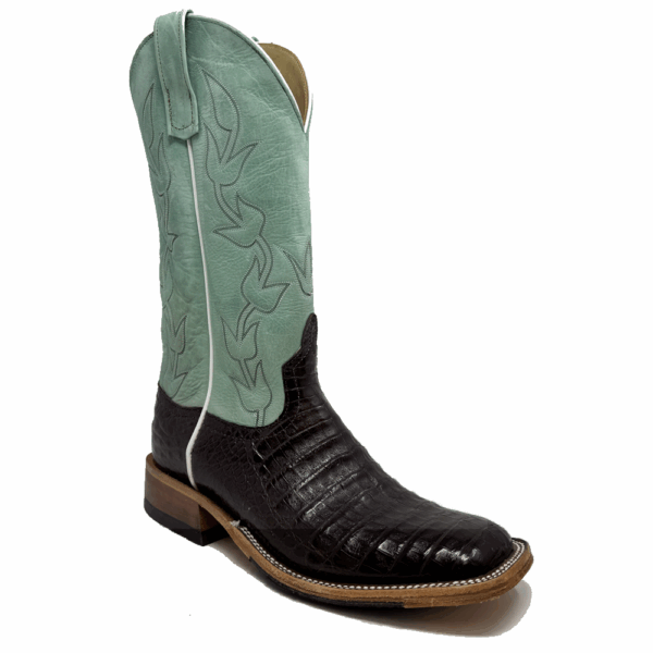 A 3/4 right turned Anderson Bean Brown Caiman Belly Men's Western Boot.