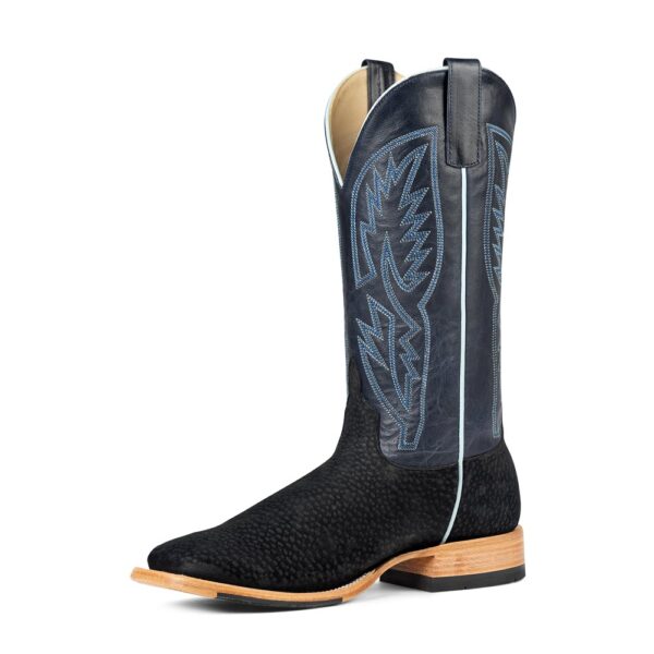 A 3/4 left turned Anderson Bean Horse Power Top Hand Black Carpincho Men's Western Boot.