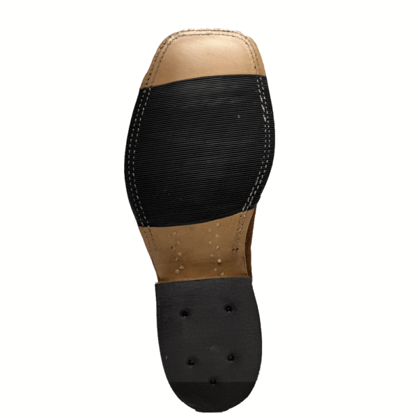 A look at the sole on a pair of Anderson Bean Rust Carpincho Men's Western Boot.