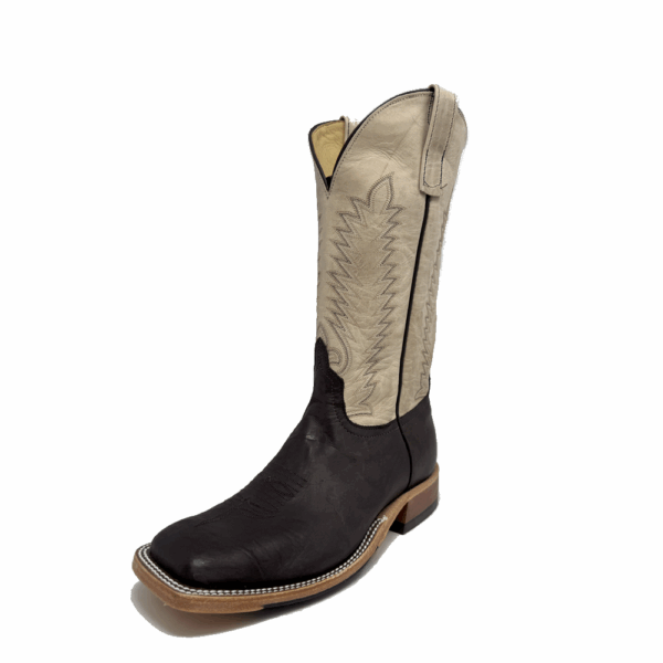 A 3/4 left turned Anderson Bean Sand Angry Elk Men's Western Boot.