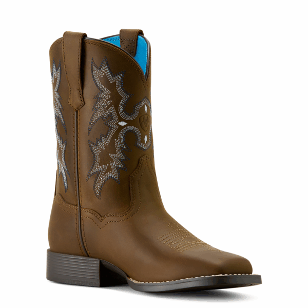 A 3/4 turned right Ariat Tombstone Wide Square Toe Kid's Western Boot.