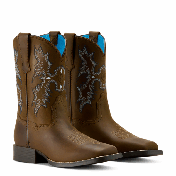 A 3/4 turned right pair of Ariat Tombstone Wide Square Toe Kid's Western Boots.