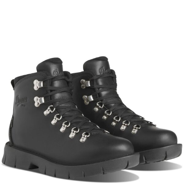 A 3/4 turned pair of Danner Women's Eastwood Black Waterproof Hiking Boots.