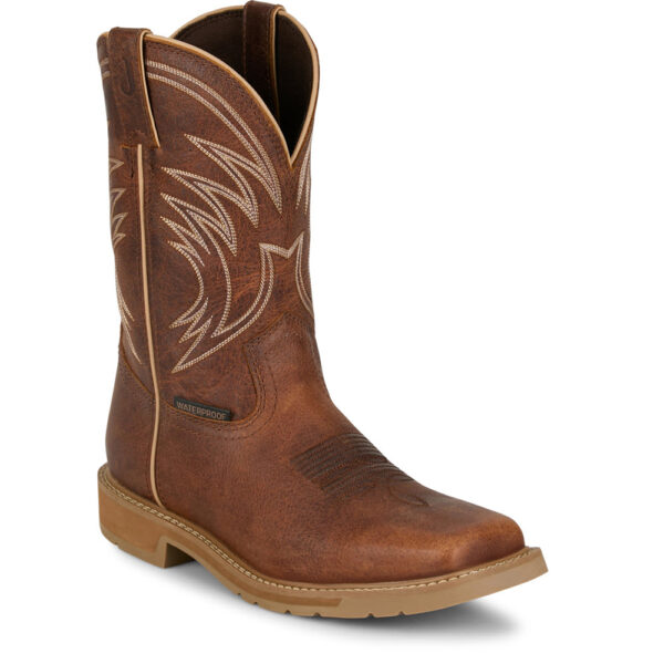 A 3/4 right turned Justin Daywork 11" Waterproof Pull-On Work Boot.