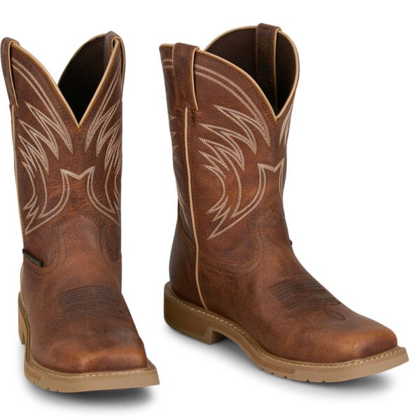 A 3/4 right turned pair of Justin Daywork 11" Waterproof Pull-On Work Boot.