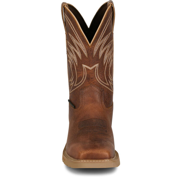 A forward-facing shot of a Justin Daywork 11" Waterproof Pull-On Work Boot.