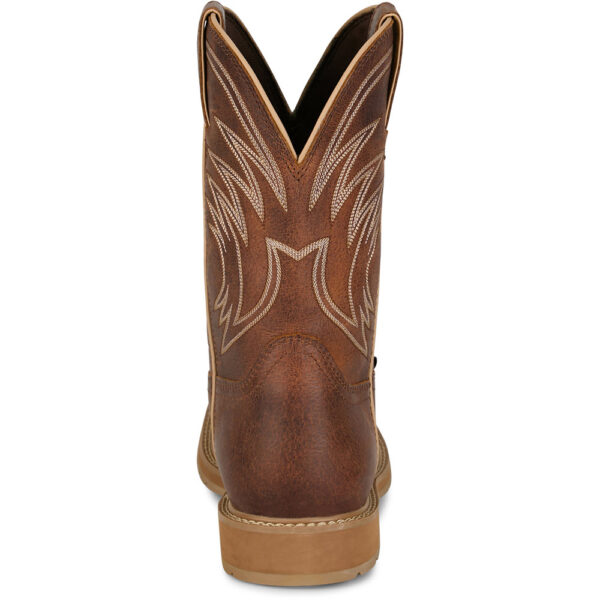 A look at the back and heel of a Justin Daywork 11" Waterproof Pull-On Work Boot.