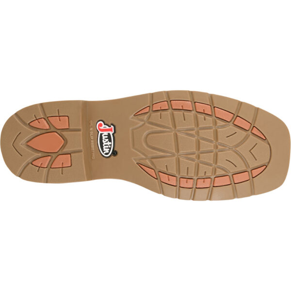 The sole of a Justin Daywork 11" Waterproof Pull-On Work Boot.