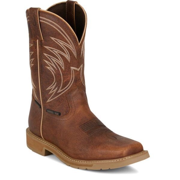 A 3/4 right turned Justin Daywork 11" Waterproof Steel Toe Pull-On Work Boot.