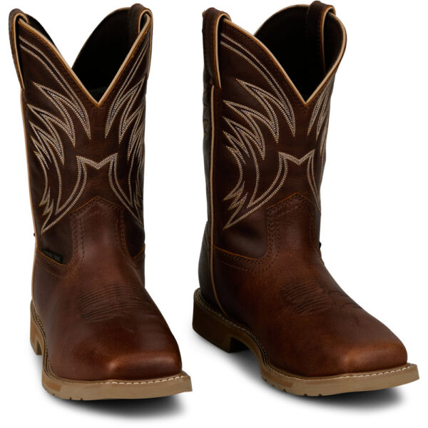 A 3/4 right turned pair of Justin Daywork 11" Waterproof Steel Toe Pull-On Work Boot.