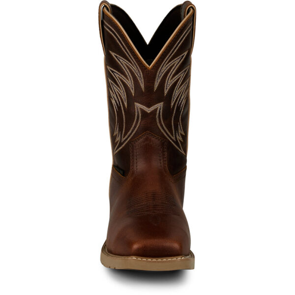 A forward-facing shot of a Justin Daywork 11" Waterproof Steel Toe Pull-On Work Boot.