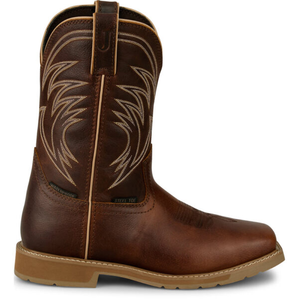 A right profile facing Justin Daywork 11" Waterproof Steel Toe Pull-On Work Boot.