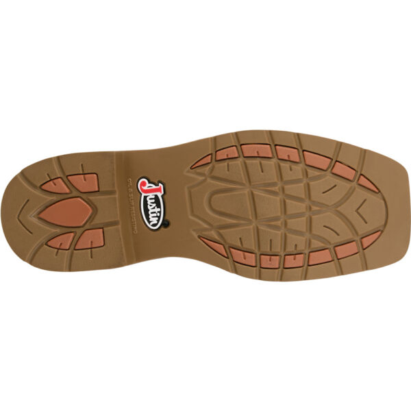The sole of a Justin Daywork 11" Waterproof Steel Toe Pull-On Work Boot.