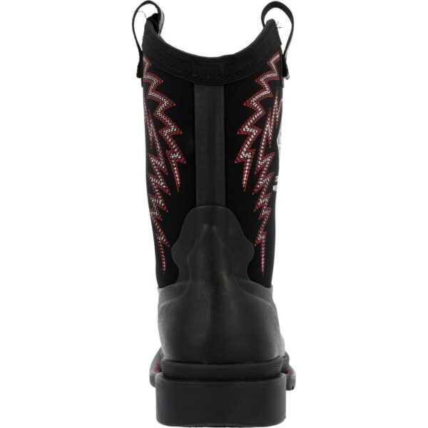 A look at the back and heel of a Muck Big Kid's Chore Western Rubber Boot.