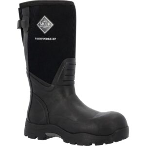 A 3/4 turned Muck Men's Pathfinder XF 16" Rubber Boot.