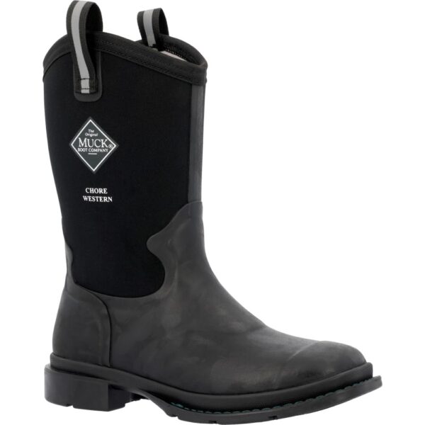 A 3/4 right turned Muck Women's Chore Western 12" Mid Rubber Boot.