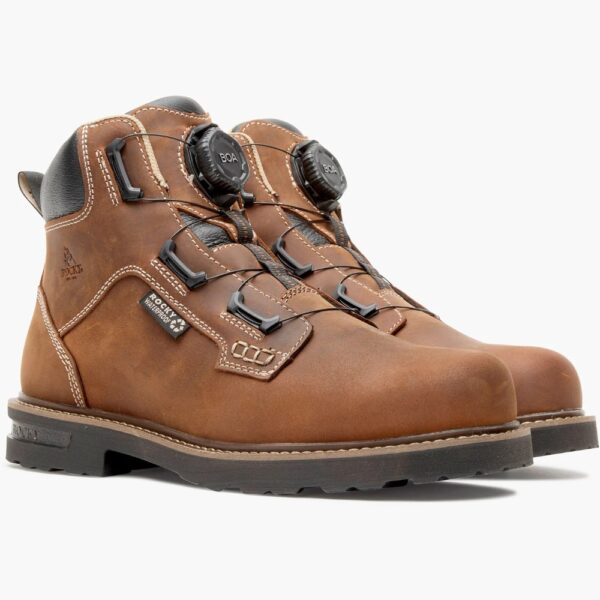 A 3/4 right turned pair of Rocky Grindstone XTR BOA 6" Work Boots.