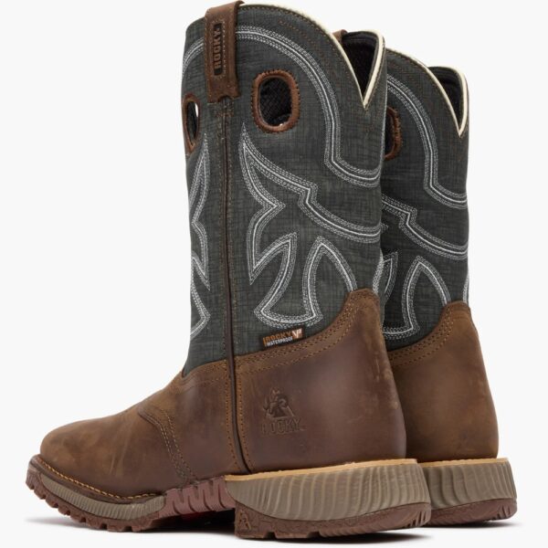 A shot of the heels of a pair of Rocky Hi-Wire Waterproof 11" Western Pull-On Work Boots.