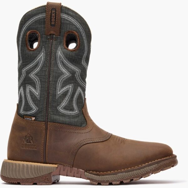 A right profile facing Rocky Hi-Wire Waterproof 11" Western Pull-On Work Boot.