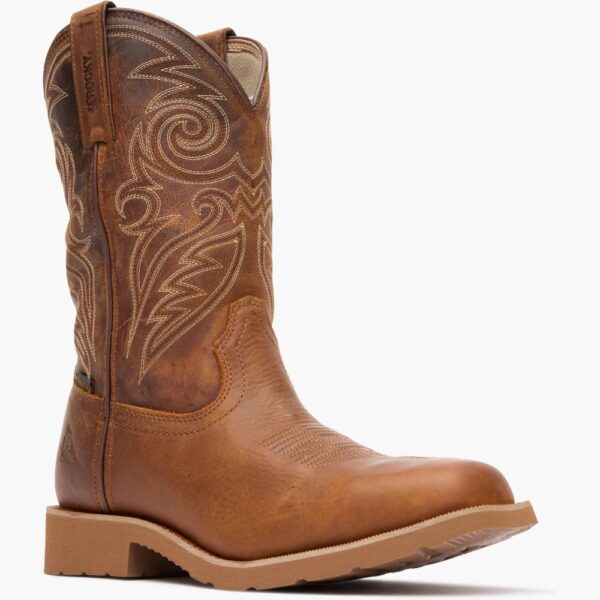 A 3/4 right turned Rocky MonoCrepe Waterproof 12" Western Pull-On Work Boot.