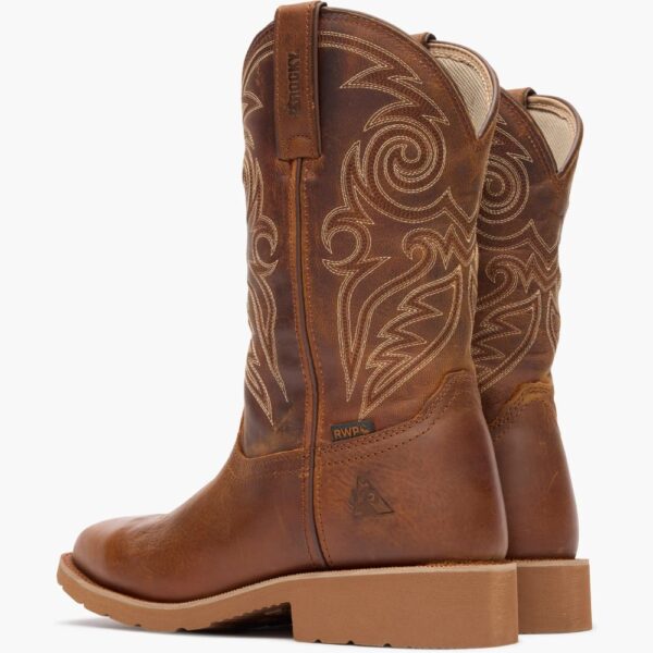 A shot of the heels of a pair of Rocky MonoCrepe Waterproof 12" Western Pull-On Work Boots.