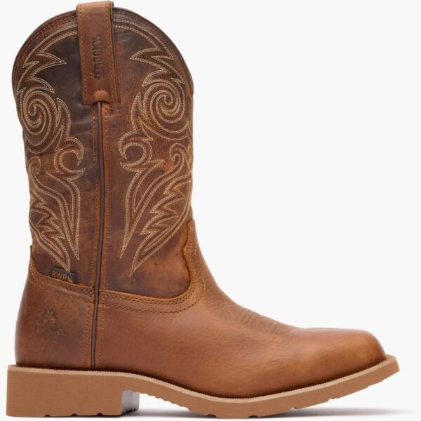 A right profile facing Rocky MonoCrepe Waterproof 12" Western Pull-On Work Boot.